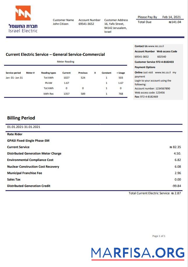 Downloadable Israel Electric Corporation utility bill template in Word and PDF format (.doc and .pdf)